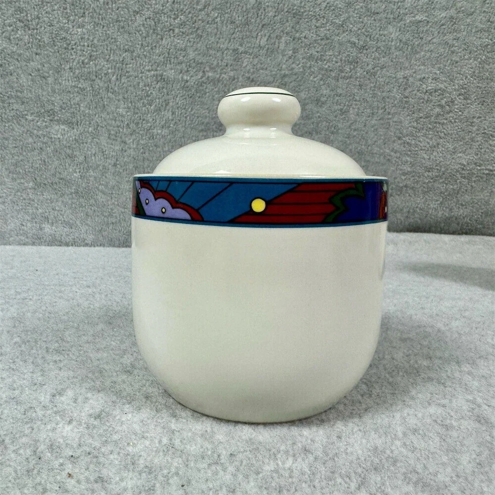 Vitromaster Jazz Sugar Bowl With Lid White Multicolor Geometric Vintage